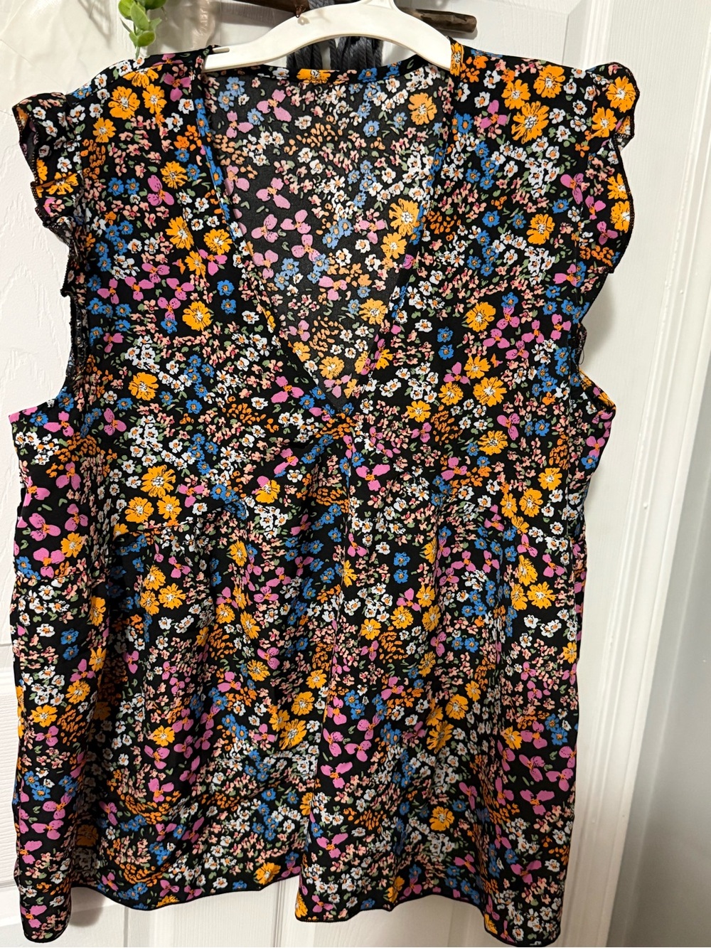 Black Floral V-Neck Ruffle Sleeve Top - Yellow, Pink, Blue